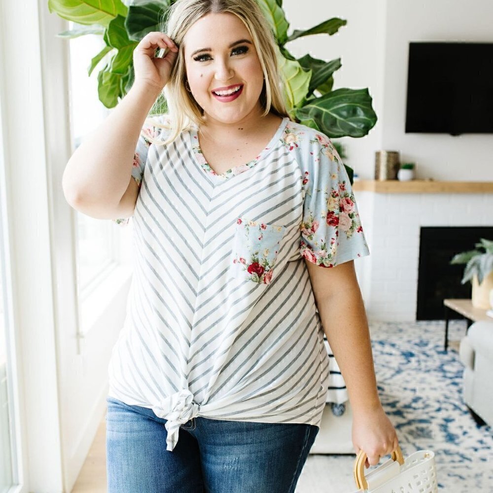 Davi & Dani Chevron & Floral Top w/ Front Tie